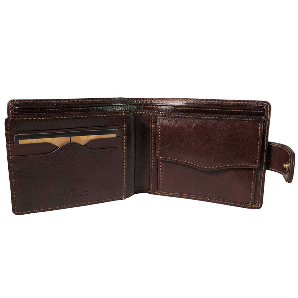 Italico 2117 moro open and empty — card slots on the left and the flap of the coin pocket on the right