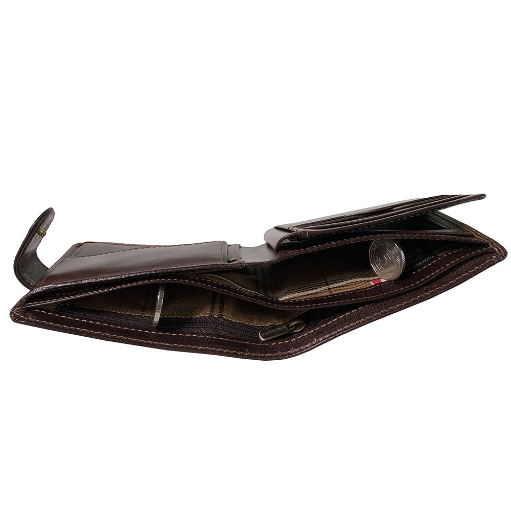 Italico 2117 moro seen from the edge, open — the banknote compartment and the coin pocket with coins