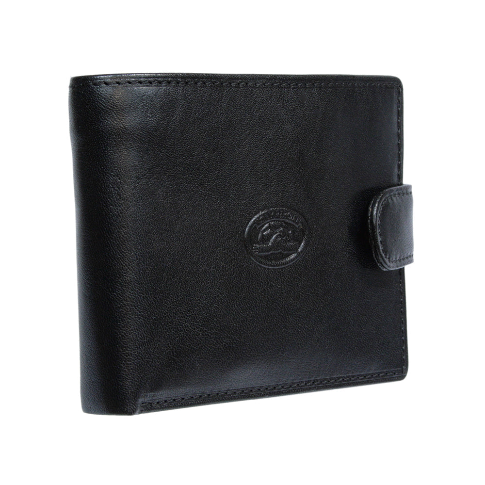 Tony Perotti Italico 2117 nero black leather wallet, closed at a three-quarter angle with the embossed oval emblem and the snap tab