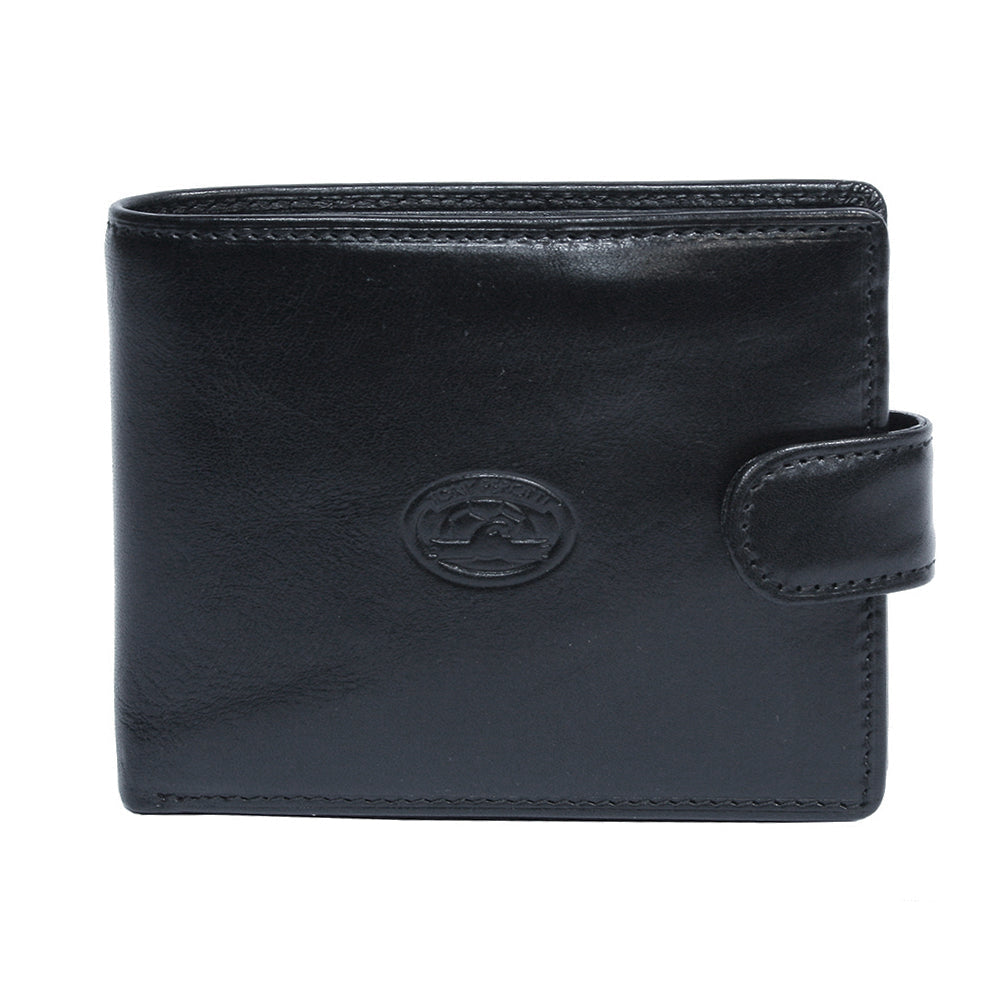 Italico 2117 nero — the closed wallet from the front, embossed oval Tony Perotti emblem and the snap tab on the edge