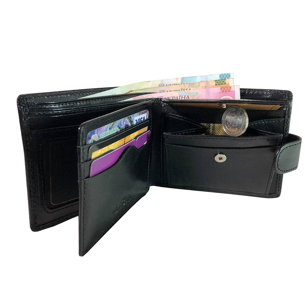 Italico 2117 nero open and filled — cards in the slots, banknotes in the compartment and a coin in the snap coin pocket