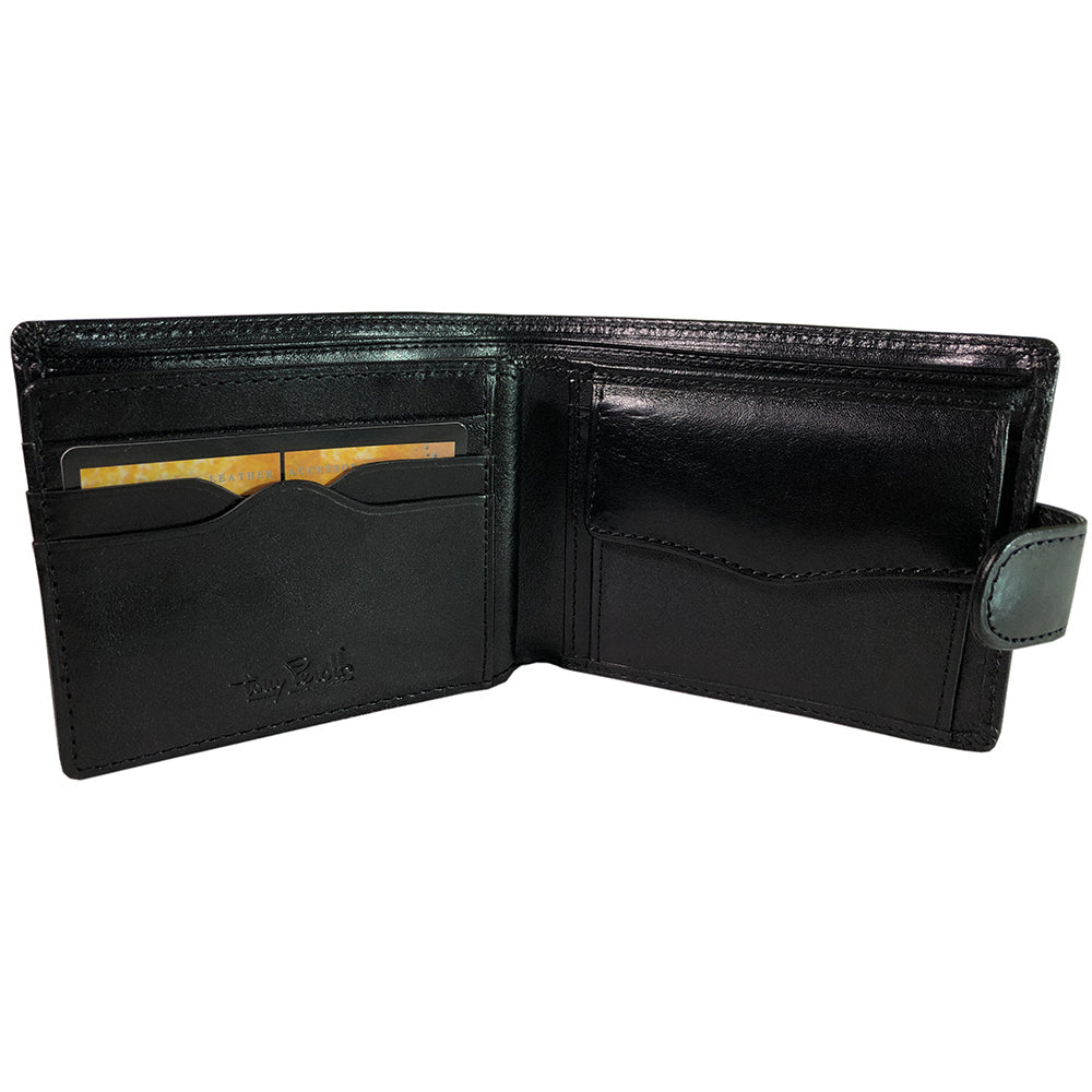 Italico 2117 nero open and empty — card slots on the left and the flap of the coin pocket on the right