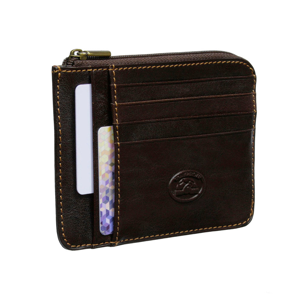 Tony Perotti Italico 2275 moro — the dark brown card holder at an angle, cards in the front slots and the side slot, embossed turtle emblem below