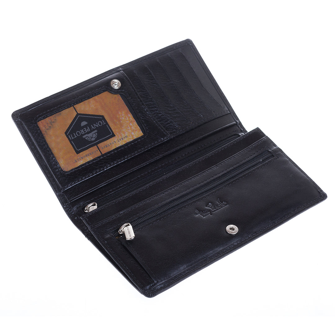 Tony Perotti Italico 2770+RFID nero black leather wallet open and empty — mesh ID window with a branded insert card, five card slots, two zipped pockets and silver-tone hardware