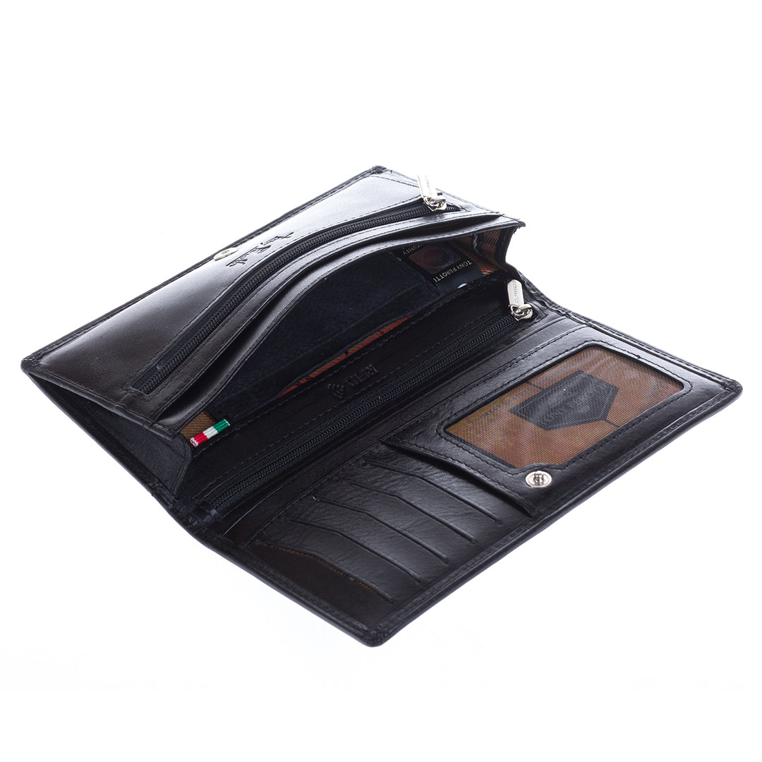 Tony Perotti Italico 2770+RFID nero black leather wallet opened out wide — both halves showing the mesh ID window, card slots, the zipped coin pocket and an Italian tricolour tab