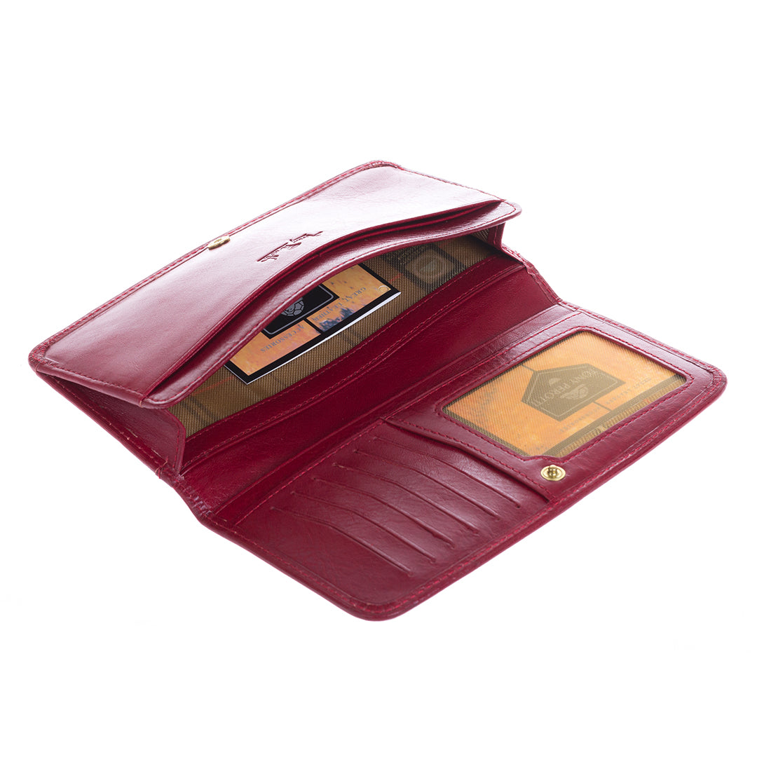Open red leather wallet with card slots on a white background