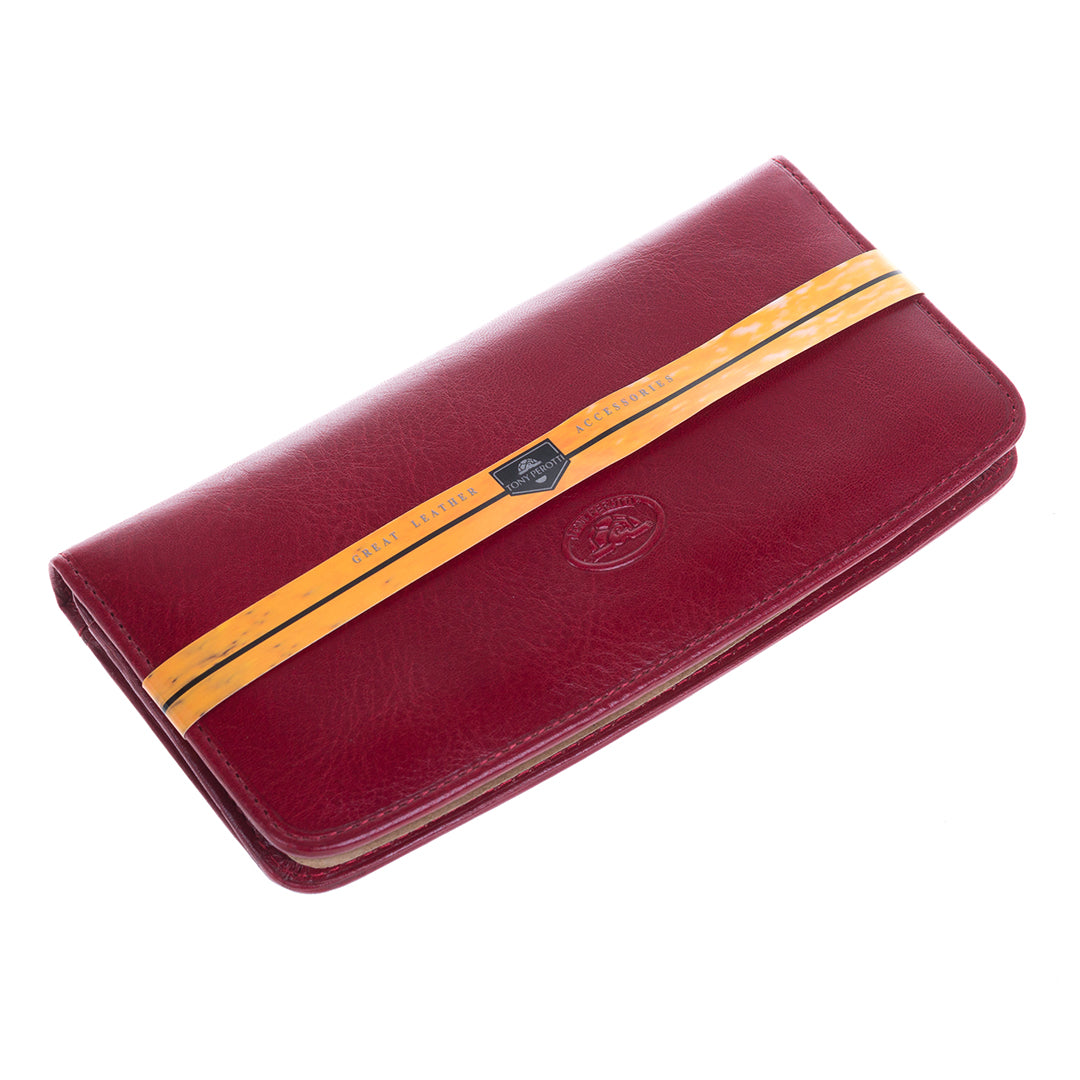 Red wallet with a yellow strap on a white background