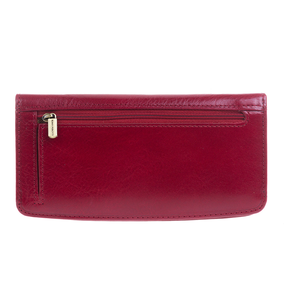 Red wallet with a gold zipper on a white background