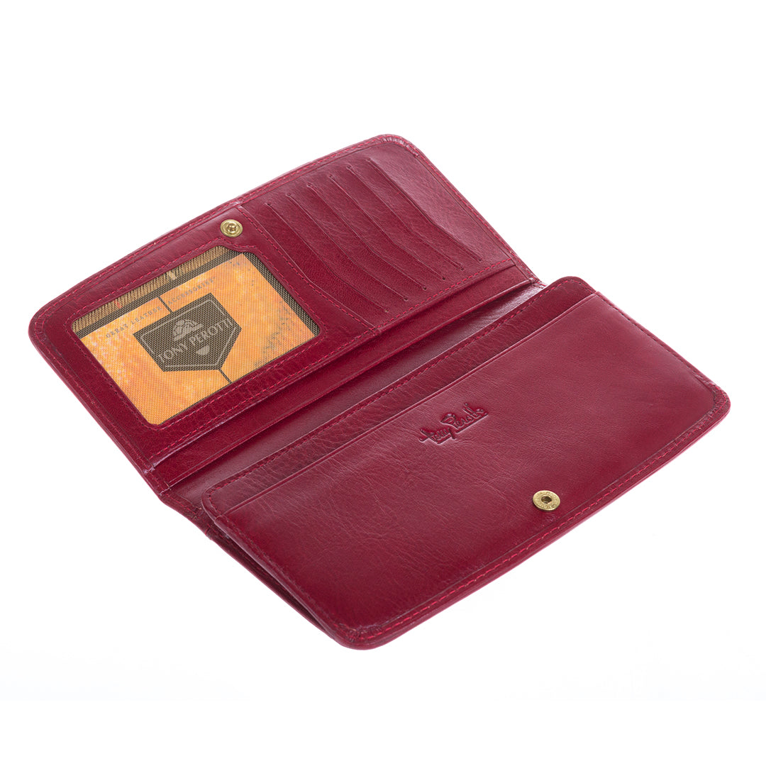 Red leather wallet with a visible brand logo on a white background