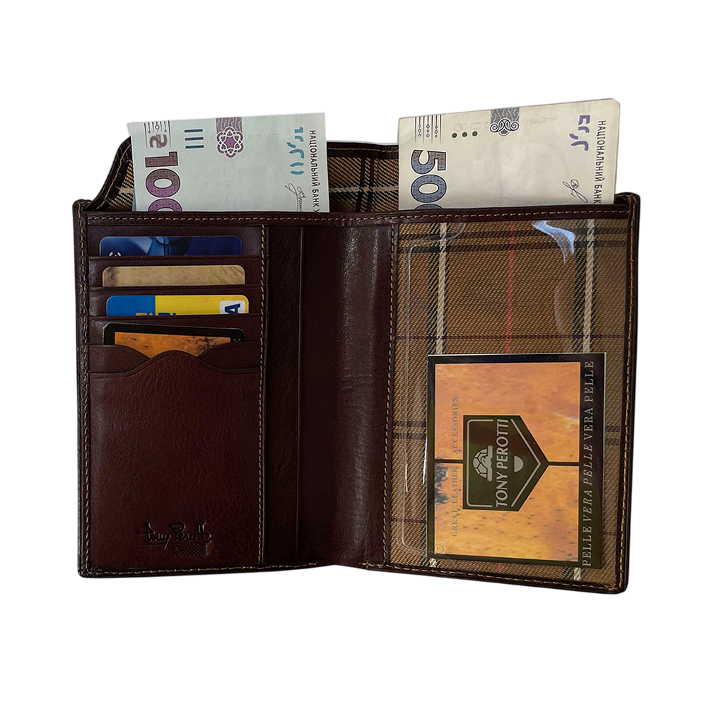 Dark Brown passport wallet Tony Perotti Italico 3450Q moro opened flat — four card slots, tall vertical compartment and a large transparent pocket over the checked lining