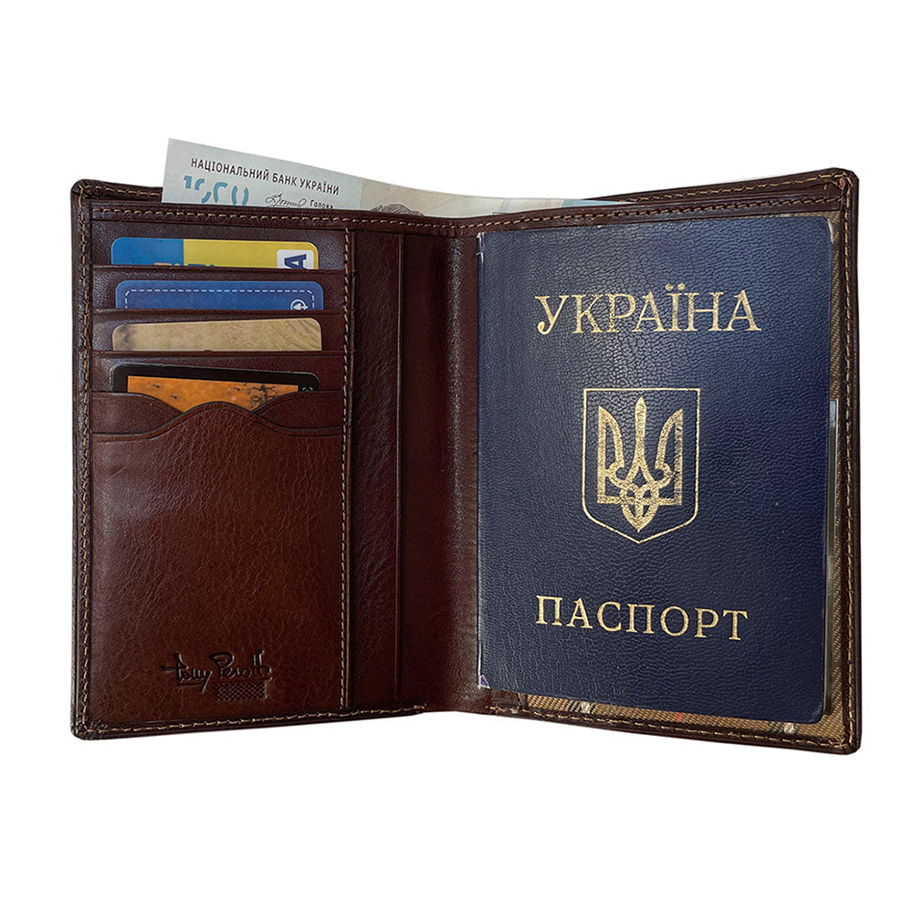 Tony Perotti Italico 3450Q moro passport wallet opened with a passport in the large transparent pocket and cards in the slots