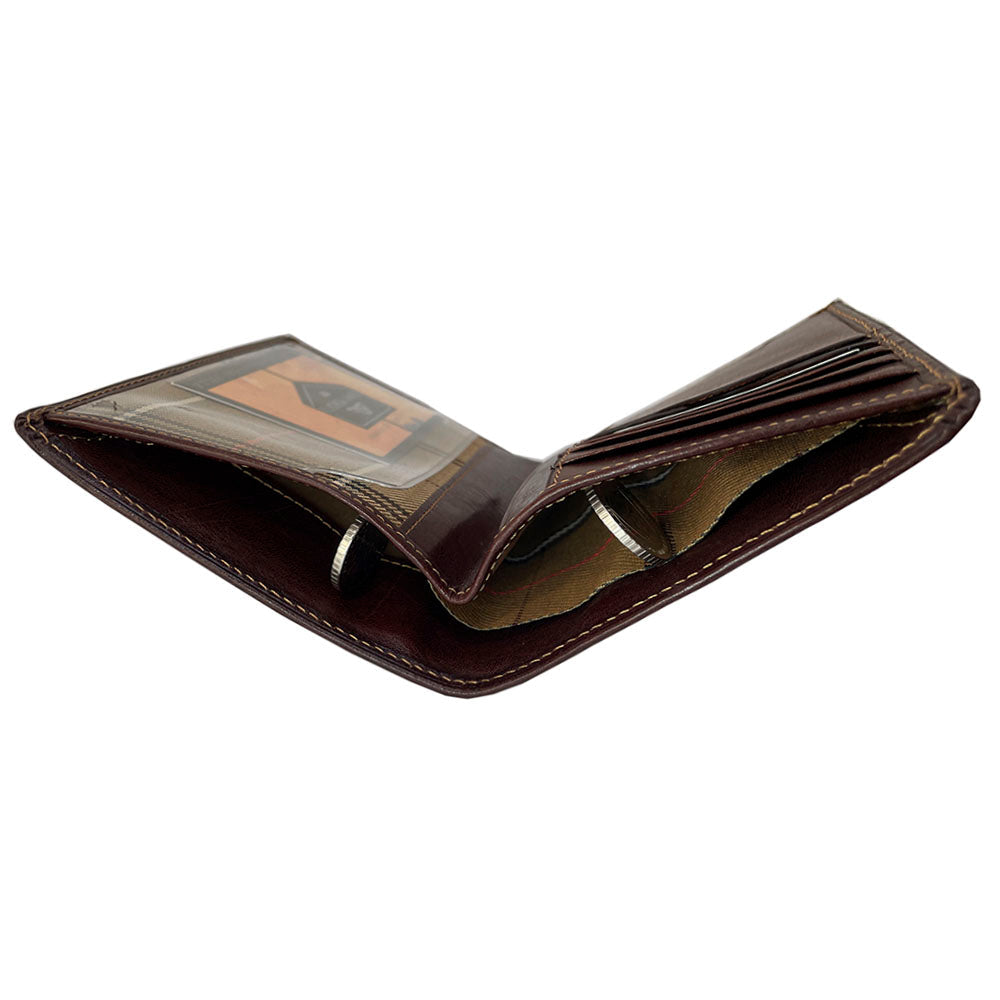 Top view of the Tony Perotti Italico 3450Q moro passport wallet showing the two banknote compartments lined with checked fabric