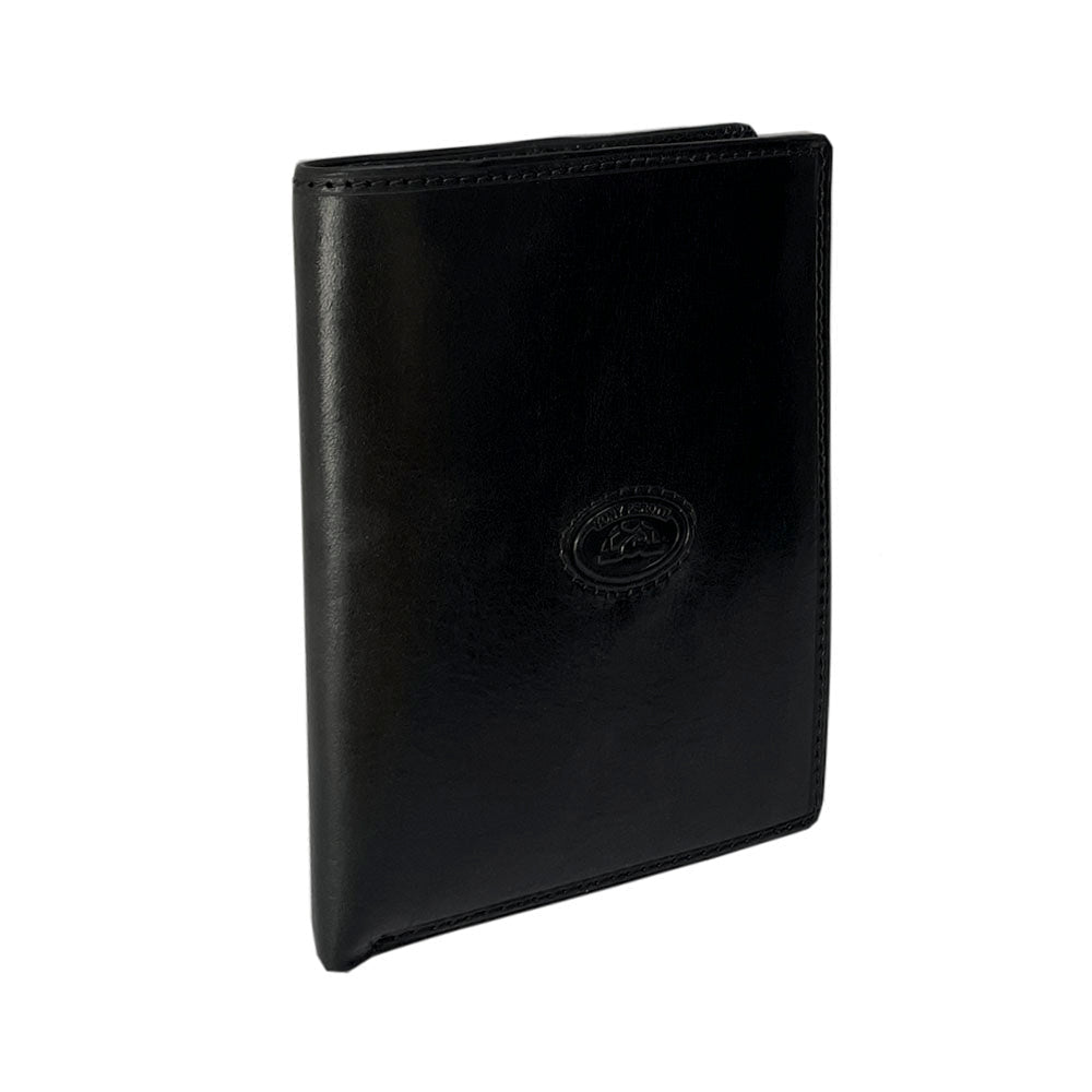 Angled view of the black glossy Tony Perotti Italico 3450Q nero passport wallet with the embossed turtle emblem