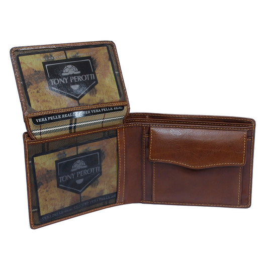 Tony Perotti Italico 396 cognac wallet open with the fold-out panel raised and the snap coin pocket closed