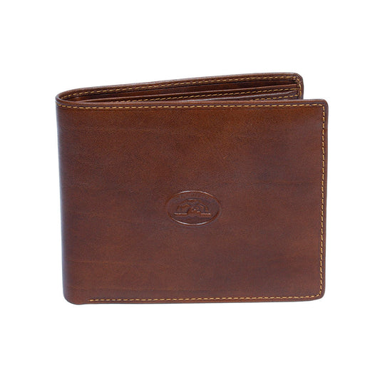 Closed Tony Perotti Italico 396 cognac wallet at a slight angle, with contrasting stitching along the edges