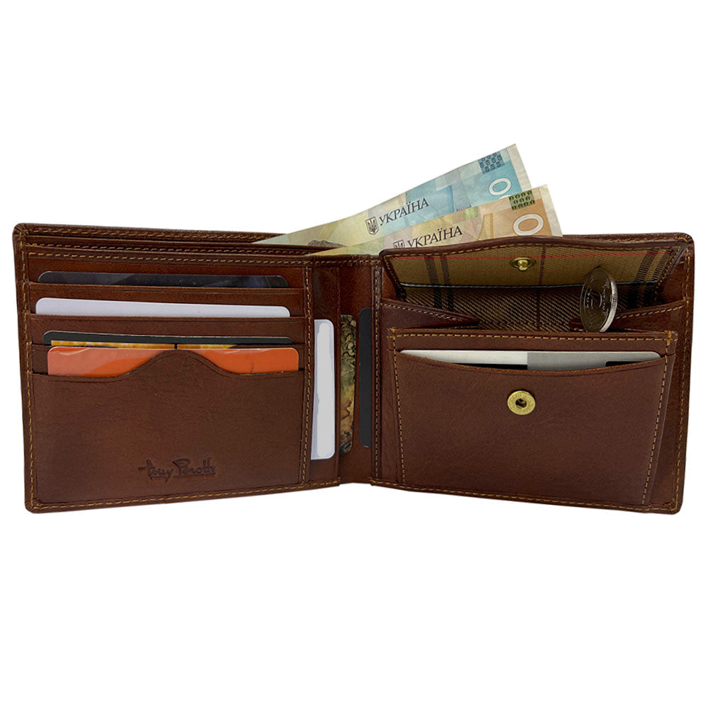 Tony Perotti men's reddish-brown  leather wallet with money and cards on a white background