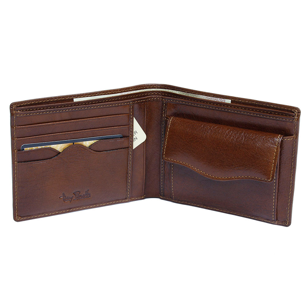 Tony Perotti men's reddish-brown  leather wallet with card slots on a white background