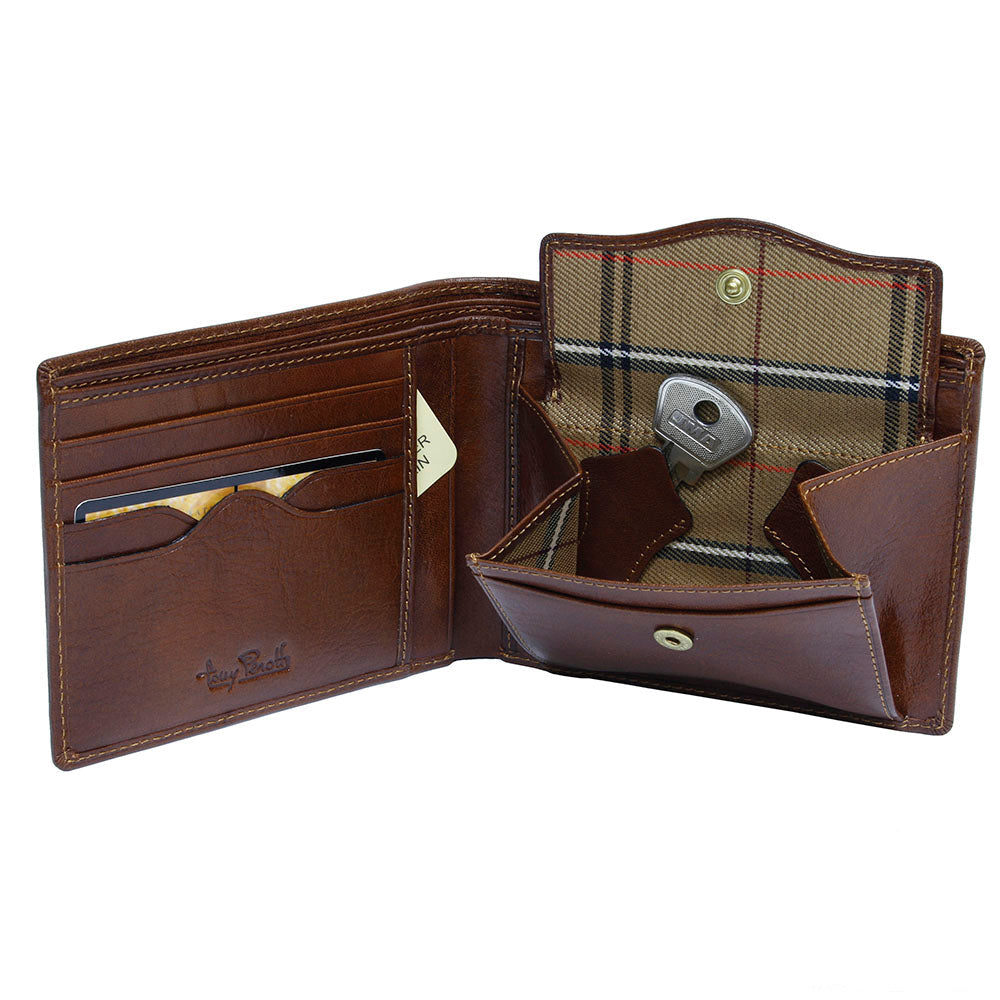 Tony Perotti men's reddish-brown  leather wallet with plaid interior on a white background