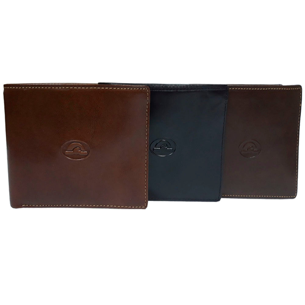 Three leather wallets in brown, black, and dark brown on a white background with a brand logo.