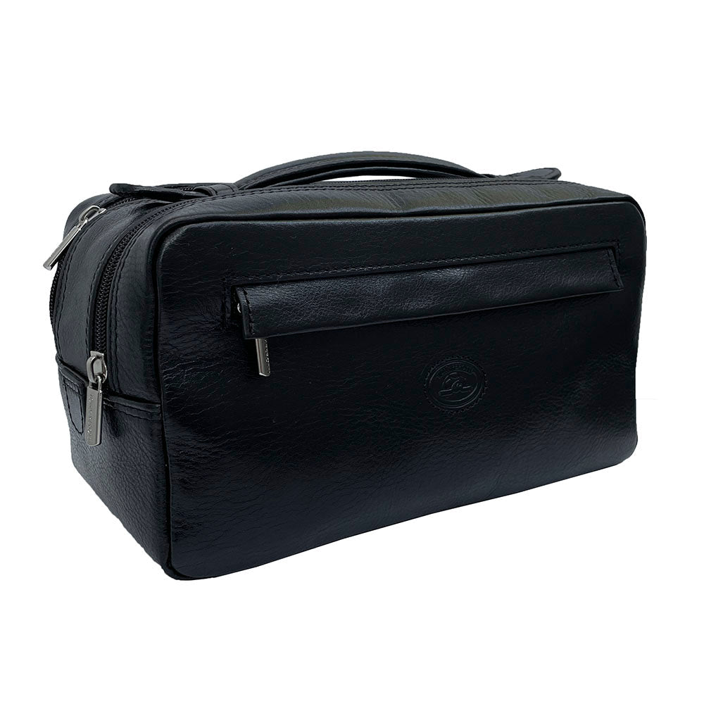 Tony Perotti black leather toiletry bag — three-quarter view with front zip pocket