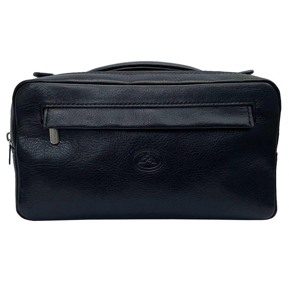 Tony Perotti Italico 8231 nero toiletry bag — front view with embossed turtle emblem