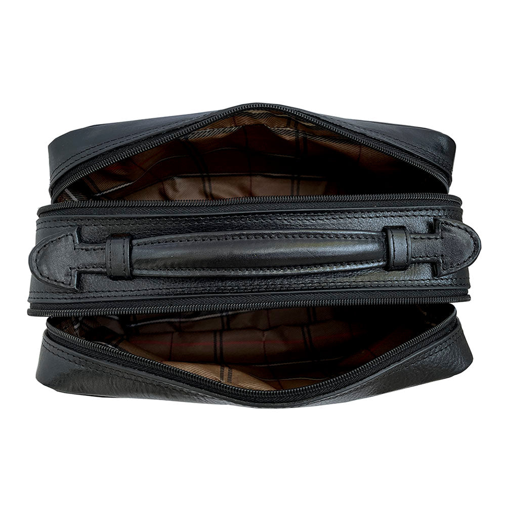 Open Tony Perotti Italico 8231 nero toiletry bag showing spacious interior compartments