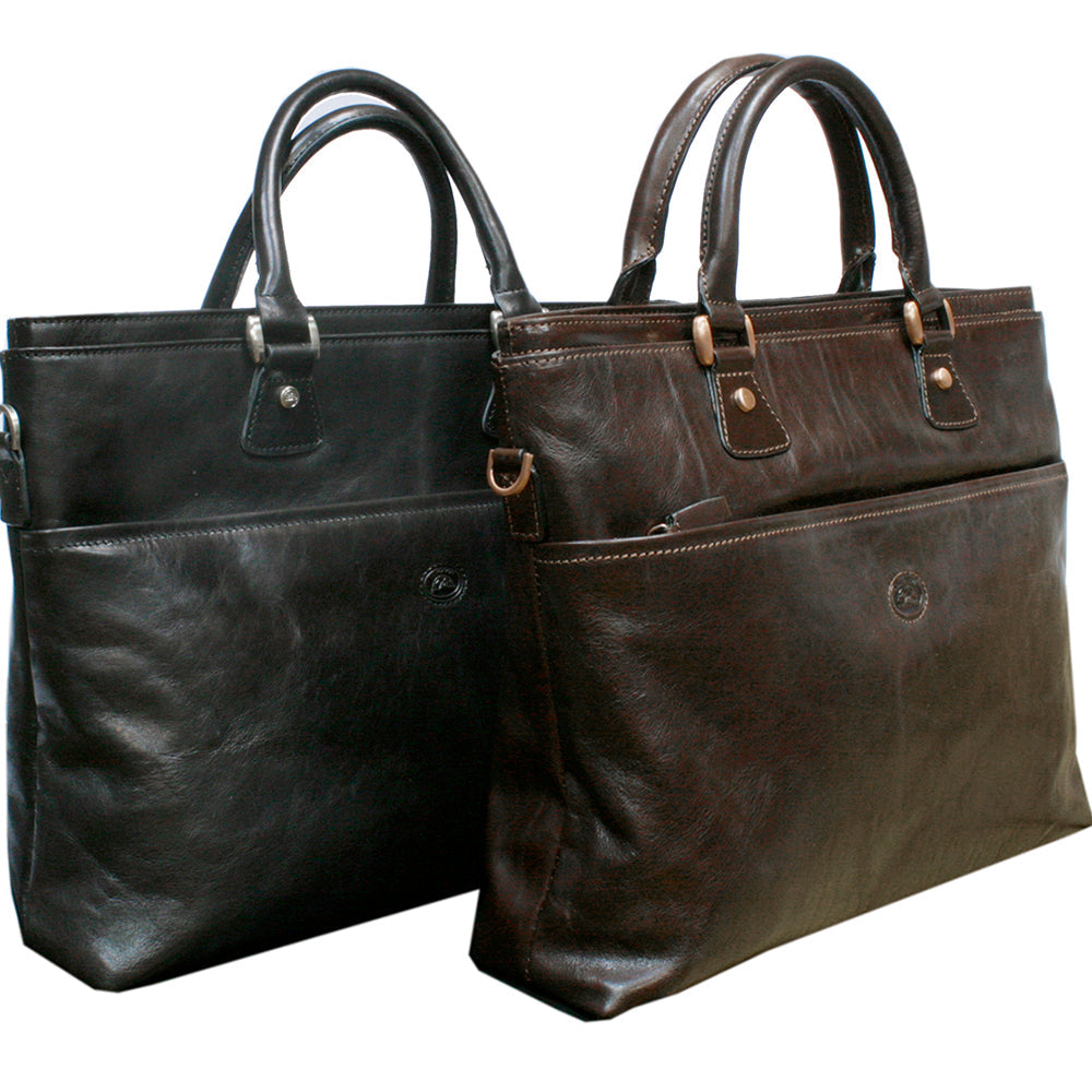Tony Perotti Italico 9625 business bag in both colourways — black in front, dark brown behind