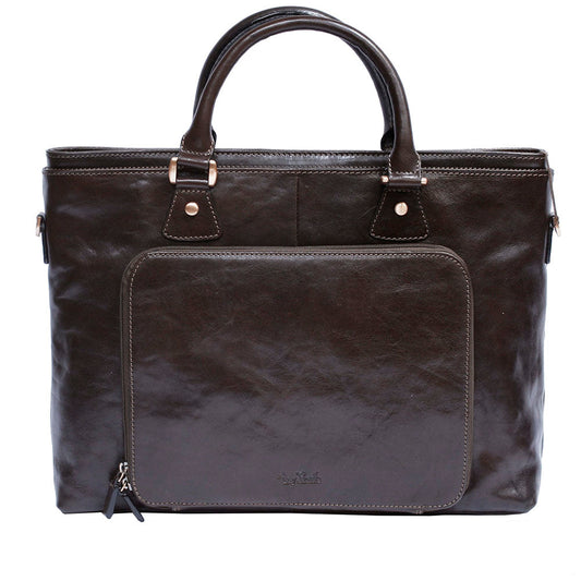 Tony Perotti Italico 9625 moro women's dark brown leather business bag — back view with the zipped tablet pocket and the embossed Tony Perotti signature