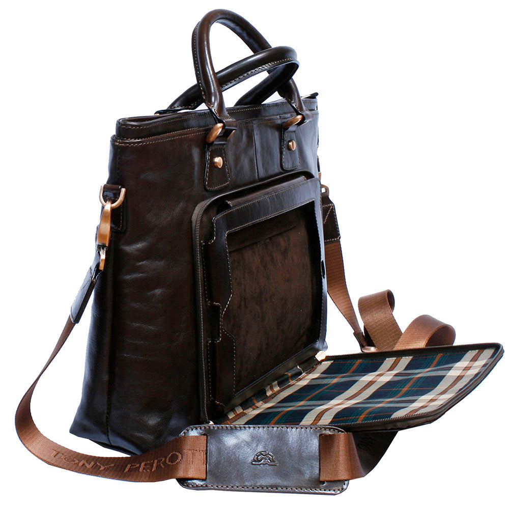 Tony Perotti Italico 9625 moro dark brown leather bag with the tablet pocket unzipped — padded interior, check lining and the jacquard shoulder strap woven with the Tony Perotti name