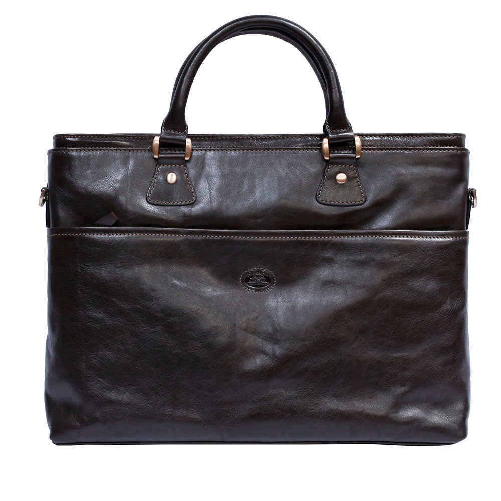 Tony Perotti Italico 9625 moro dark brown leather business bag — front view with the zipped front compartment and the embossed oval Tony Perotti badge