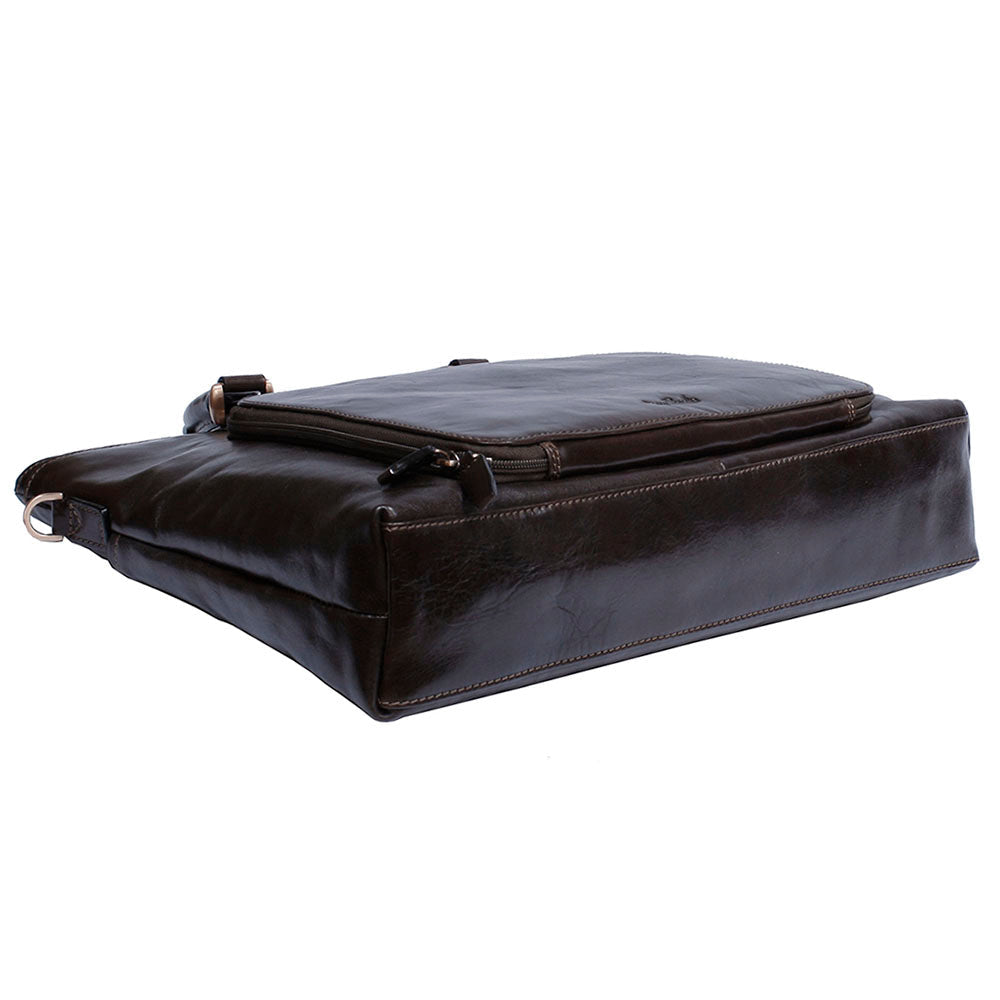 Tony Perotti Italico 9625 moro dark brown leather bag seen from below at an angle — the zipped tablet pocket running along the back