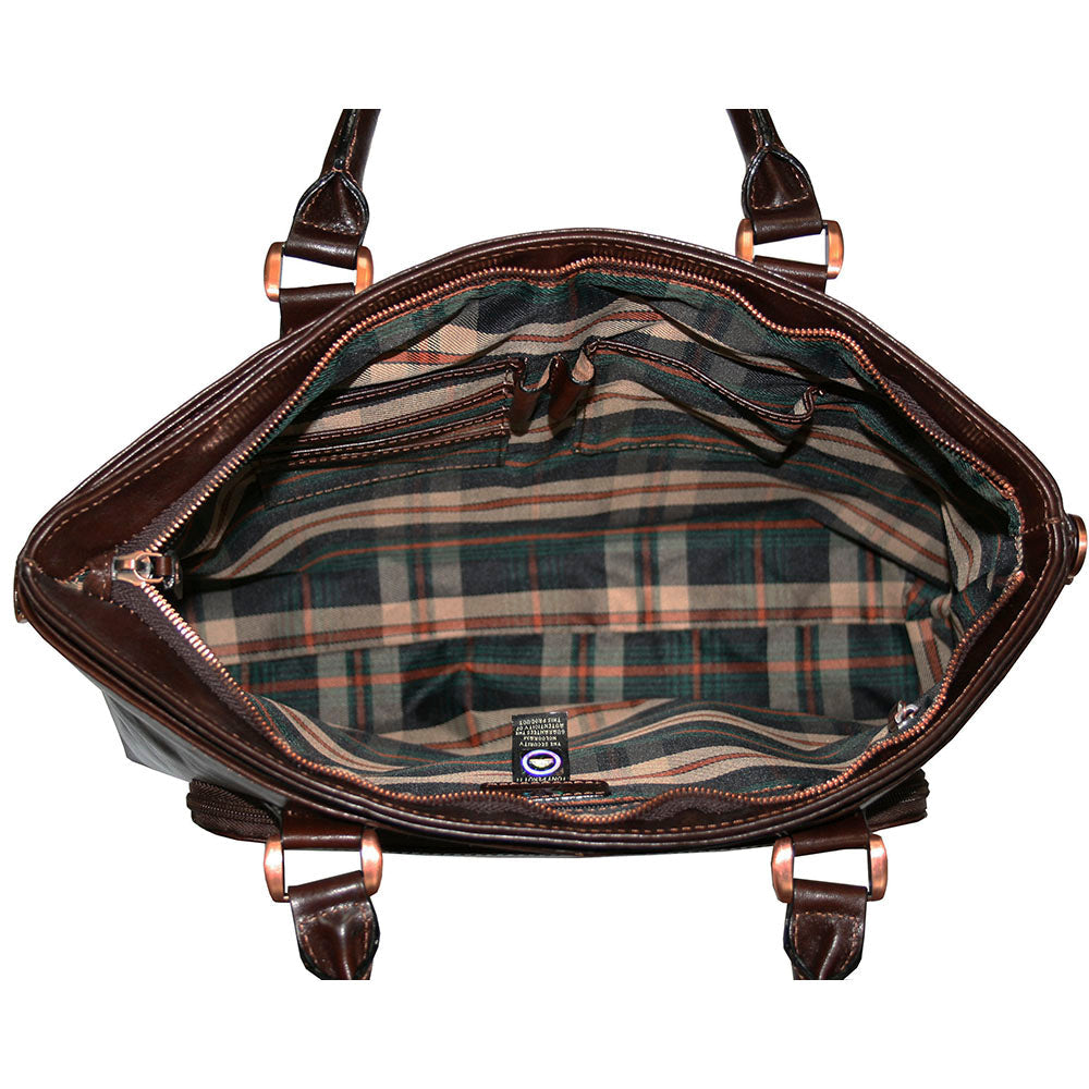 Inside the Tony Perotti Italico 9625 moro bag — woven olive-and-sand check lining, zipped pocket, slip pockets and the stitched-in authenticity tag