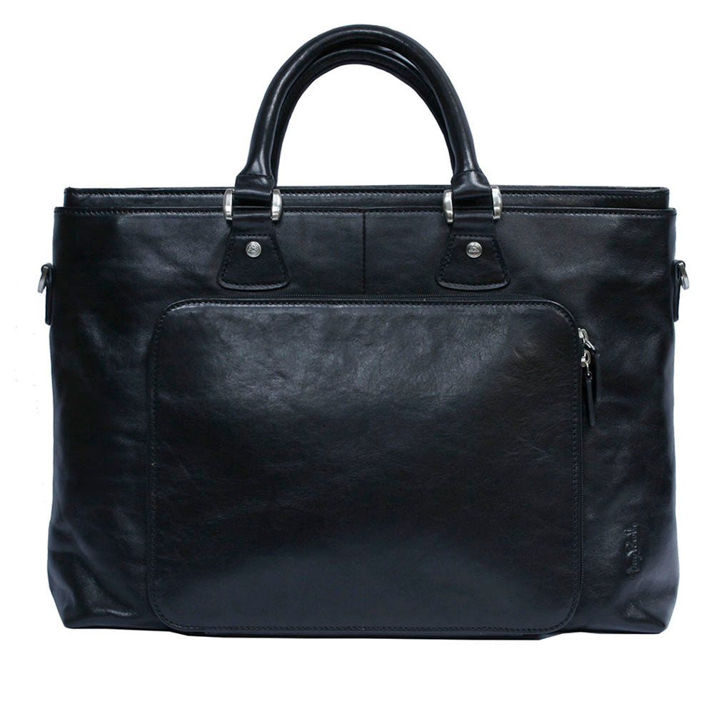 Tony Perotti Italico 9625 nero women's black leather business bag — back view with the zipped tablet pocket and the embossed Tony Perotti signature