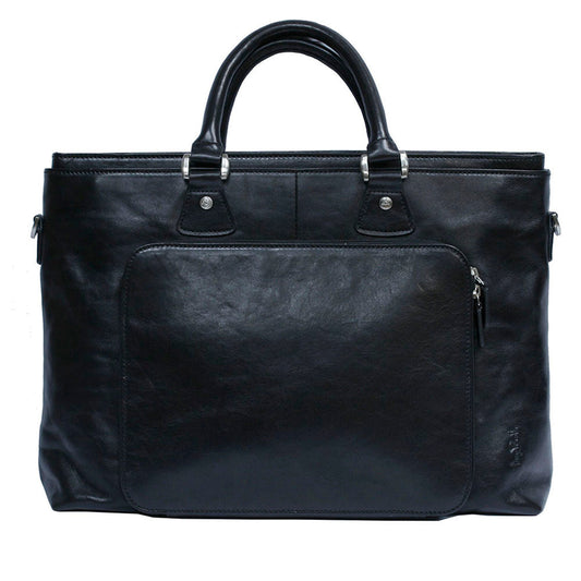 Tony Perotti Italico 9625 nero women's black leather business bag — back view with the zipped tablet pocket and the embossed Tony Perotti signature