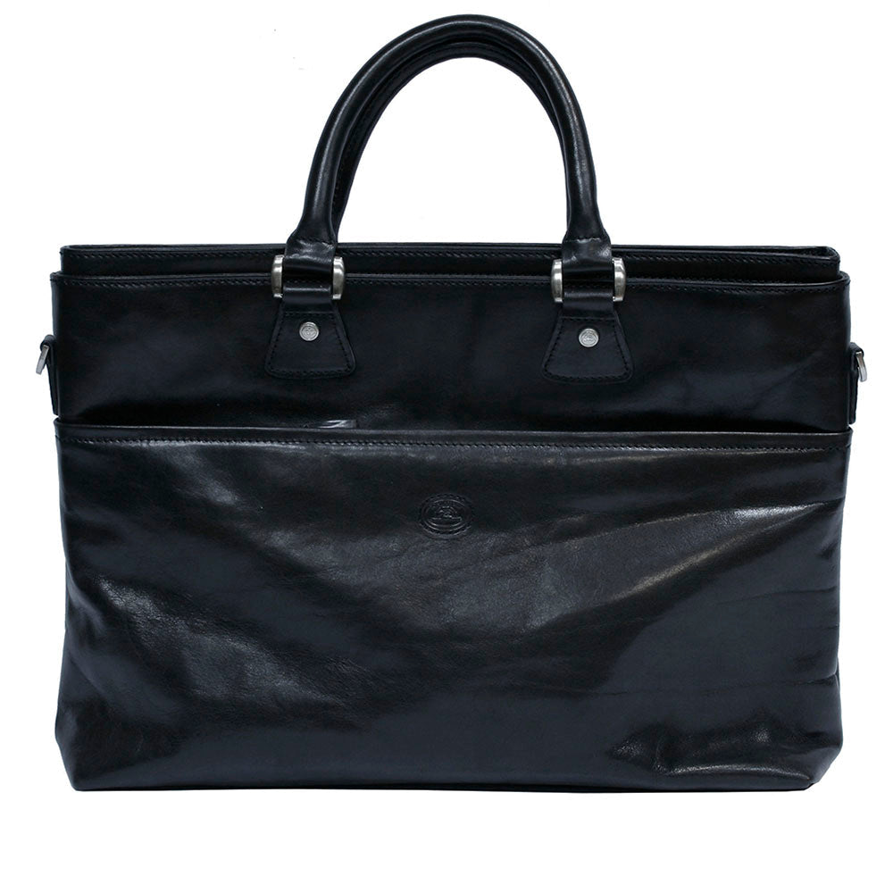 Tony Perotti Italico 9625 nero black leather business bag — front view with the zipped front compartment and the embossed oval Tony Perotti badge