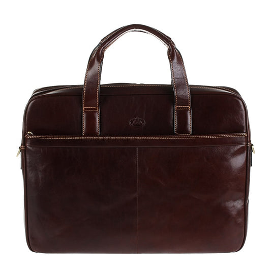 Front of the Tony Perotti Italico 9954 moro dark brown leather briefcase with a full-width flat pocket, tan contrast stitching and embossed oval logo patch