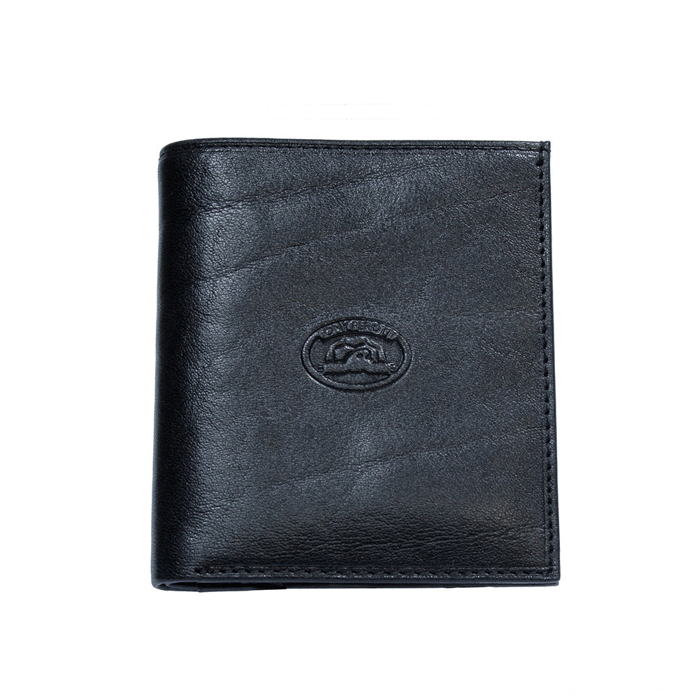 Black leather wallet with a brand logo on a white background