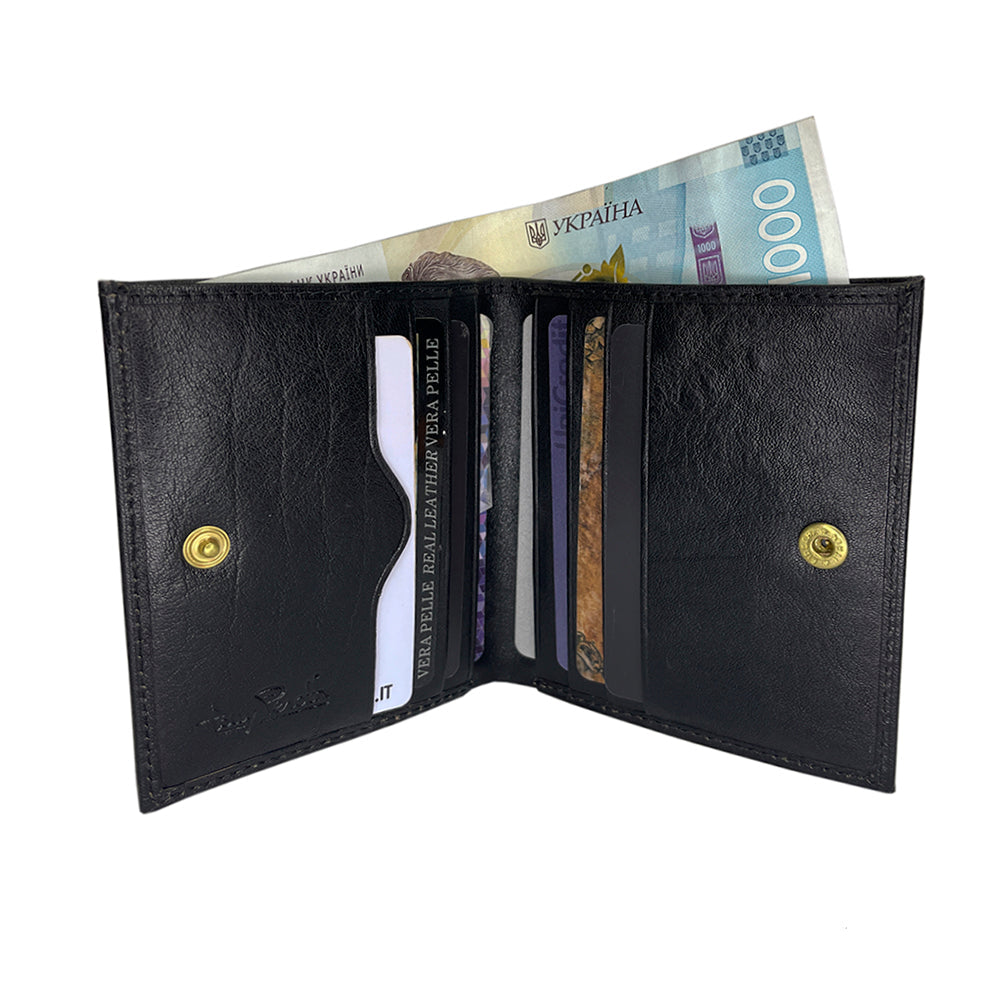 Tony Perotti black leather wallet with currency and cards on a white background