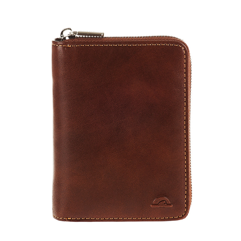 Tony Perotti Dark Brown Leather Zip-Around Card Wallet Nevada 3767 moro — closed, front with the embossed Tony Perotti turtle emblem