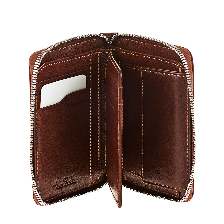 Tony Perotti Dark Brown Leather Zip-Around Card Wallet Nevada 3767 moro — open: card slots, flip-up section and snap coin pocket