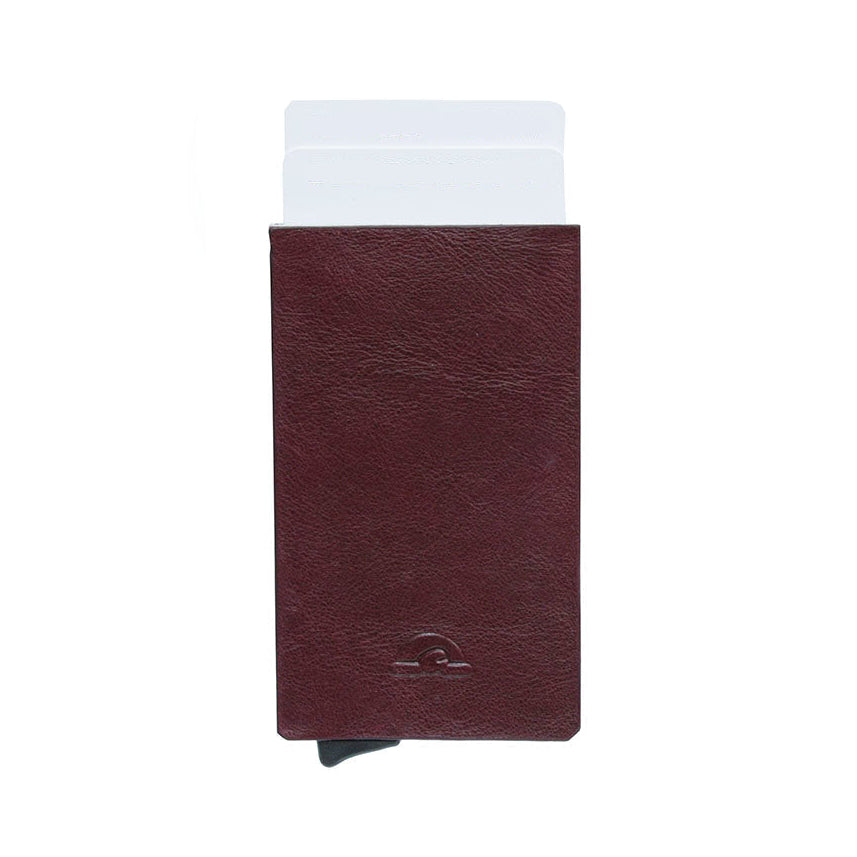 Tony Perotti Nevada 3771 bali — burgundy leather card holder with the cards risen out of the aluminium shell