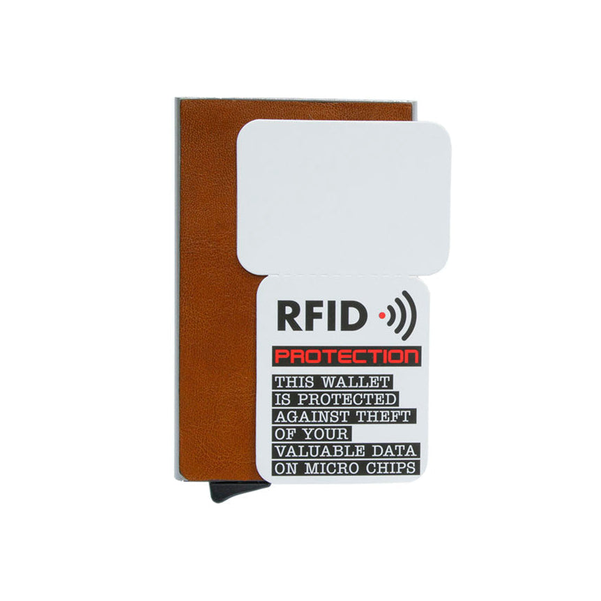 Nevada 3771 honey with the RFID Protection card supplied with it, stating the wallet shields the data on chip cards