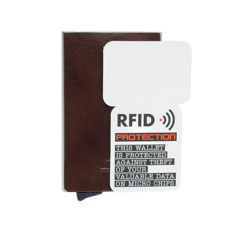 Nevada 3771 moro with the RFID Protection card supplied with it, stating the wallet shields the data on chip cards