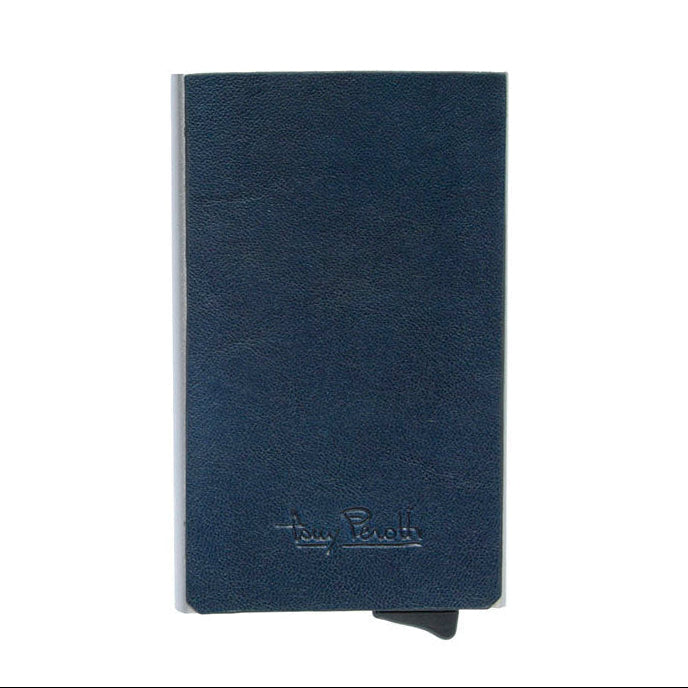 Navy Tony Perotti Nevada 3771 card holder seen straight on — deep blue grained leather over the aluminium body, with the embossed Tony Perotti signature