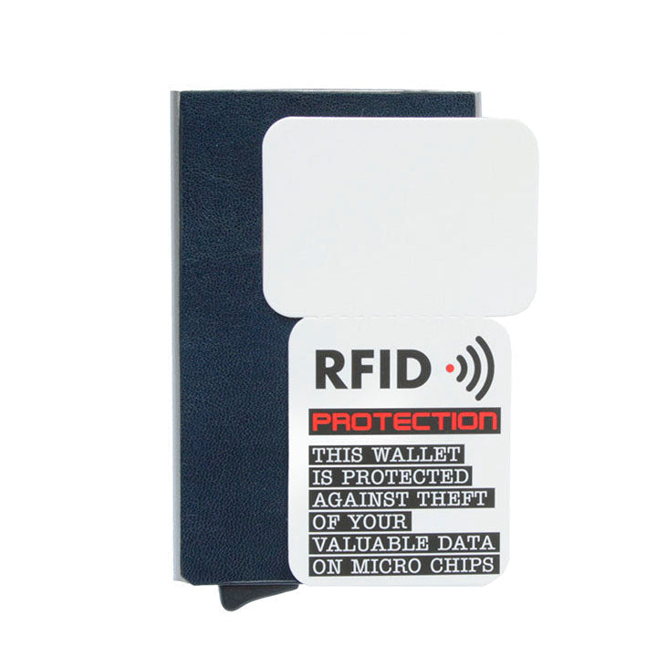 The navy Nevada 3771 with the RFID Protection card supplied with it, stating the wallet shields the data on chip cards