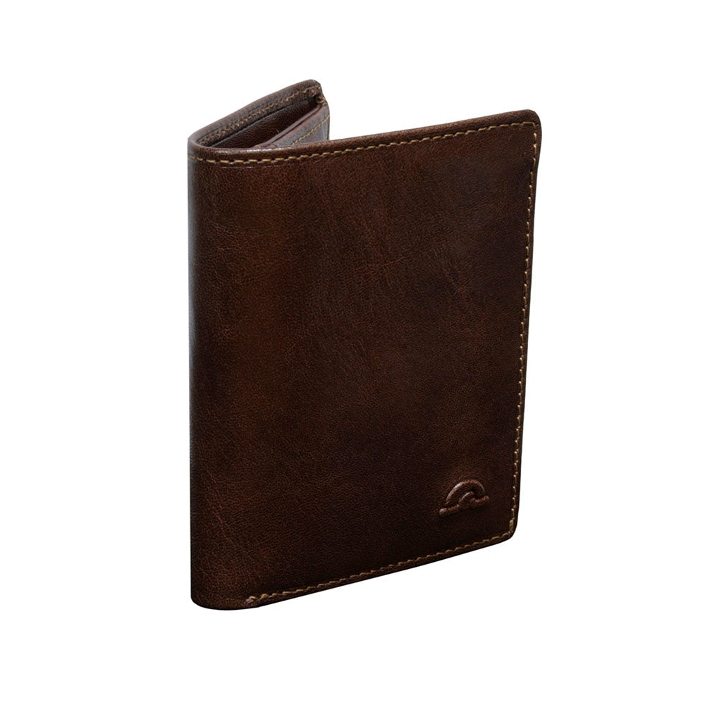 Three-quarter view of the Tony Perotti Nevada 3774 moro dark brown leather wallet with embossed emblem
