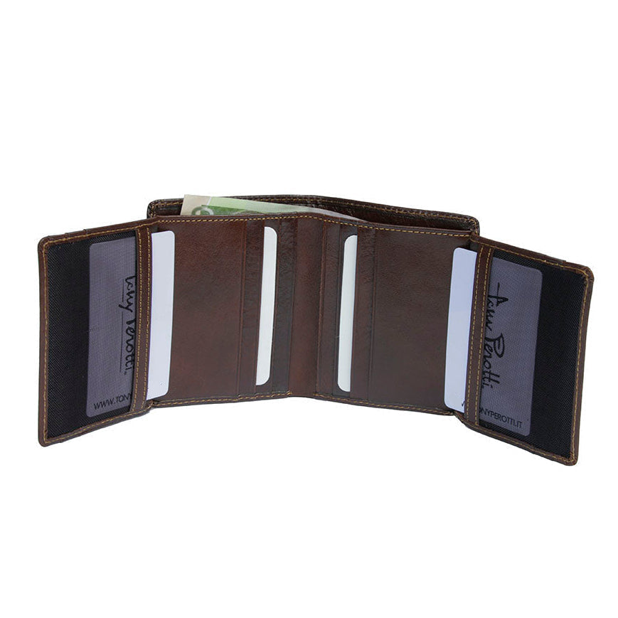 Tony Perotti Nevada 3774 moro dark brown wallet with both side flaps open, showing ID windows and card slots