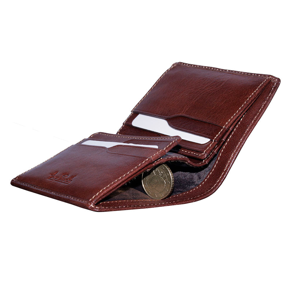 Side view into the fabric-lined compartment of the Tony Perotti Nevada 3774 moro dark brown wallet