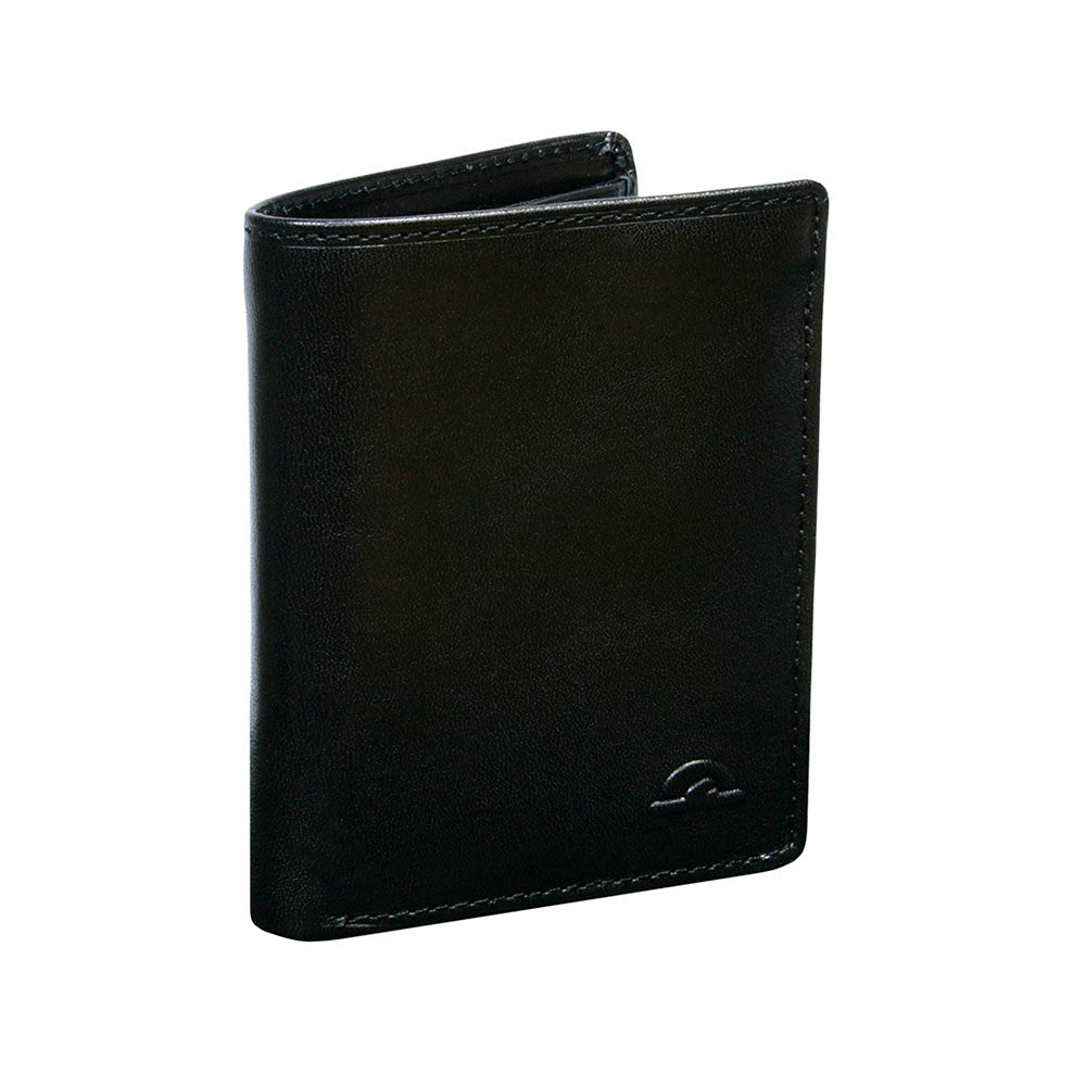 Three-quarter view of the Tony Perotti Nevada 3774 nero black leather wallet with embossed emblem