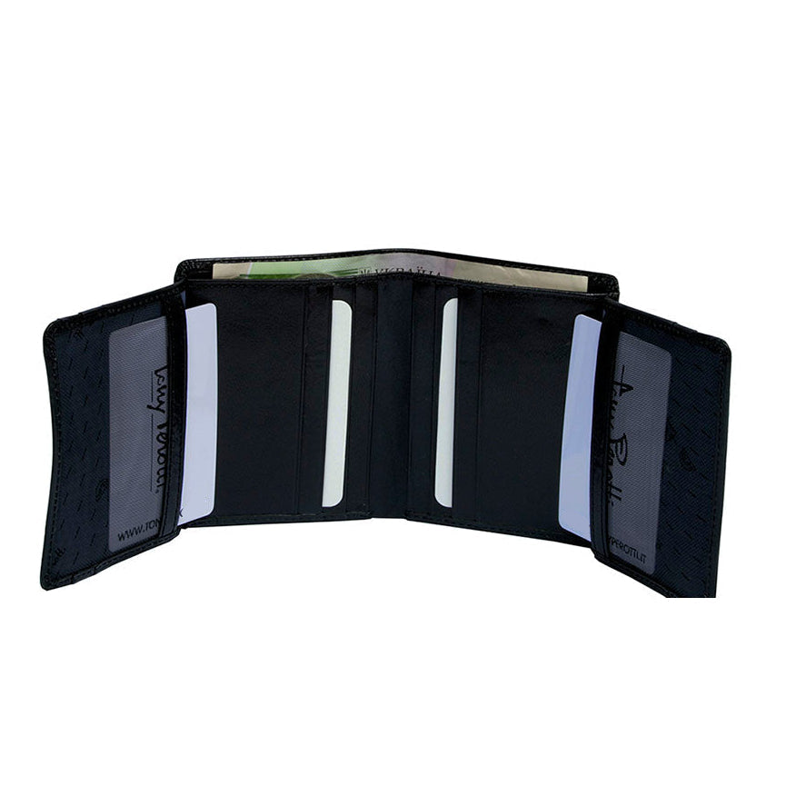 Tony Perotti Nevada 3774 nero black wallet with both side flaps open, showing ID windows and card slots